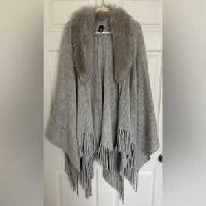 Mixit Soft Light Gray Open Knit Poncho with Faux Fur Trim